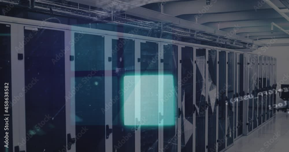 Animation of loading ring over data processing and server room Animation of loading ring over data processing and server room