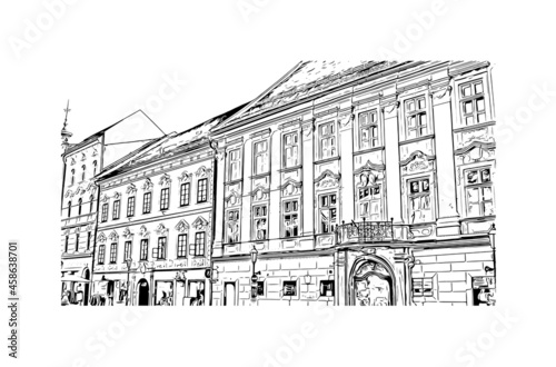 Building view with landmark of Klagenfurt is the city in Austria. Hand drawn sketch illustration in vector.