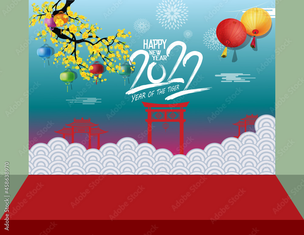 Naklejka premium Happy new year 2022 - chinese new year. Year of the Tiger. Lunar New Year banner design template.