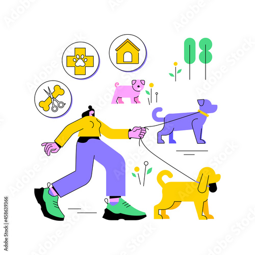 Pet services abstract concept vector illustration. Pet sitting and boarding services, animal care services, dog walking, grooming salon, daycare and attention, transportation abstract metaphor.