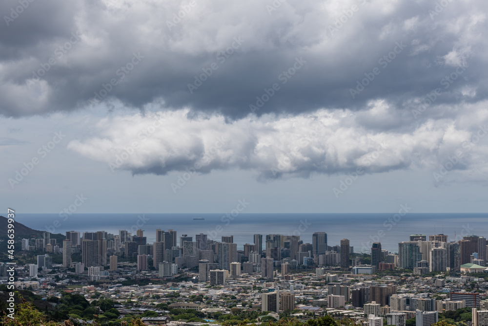 Scenic aerial Honolulu downtown vista on a rainy day, Oahu, Hawaii