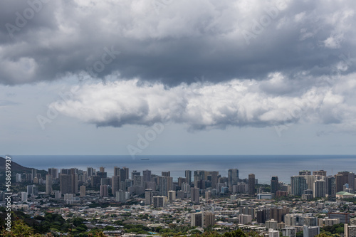 Scenic aerial Honolulu downtown vista on a rainy day  Oahu  Hawaii