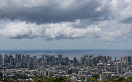 Scenic aerial Honolulu downtown vista on a rainy day, Oahu, Hawaii © Alex Krassel