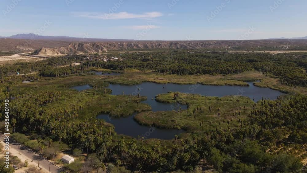 Aerial: tropical oasis in Mexican desert, remote lagoon, rising drone shot Aerial: tropical oasis in Mexican desert, remote lagoon, rising drone shot