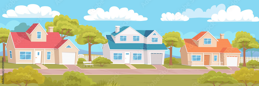 Cottage town with beautiful colored houses on the street vector illustration