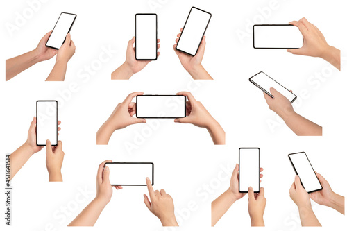 Set of Woman hand holding smartphone with screen isolated on white background.