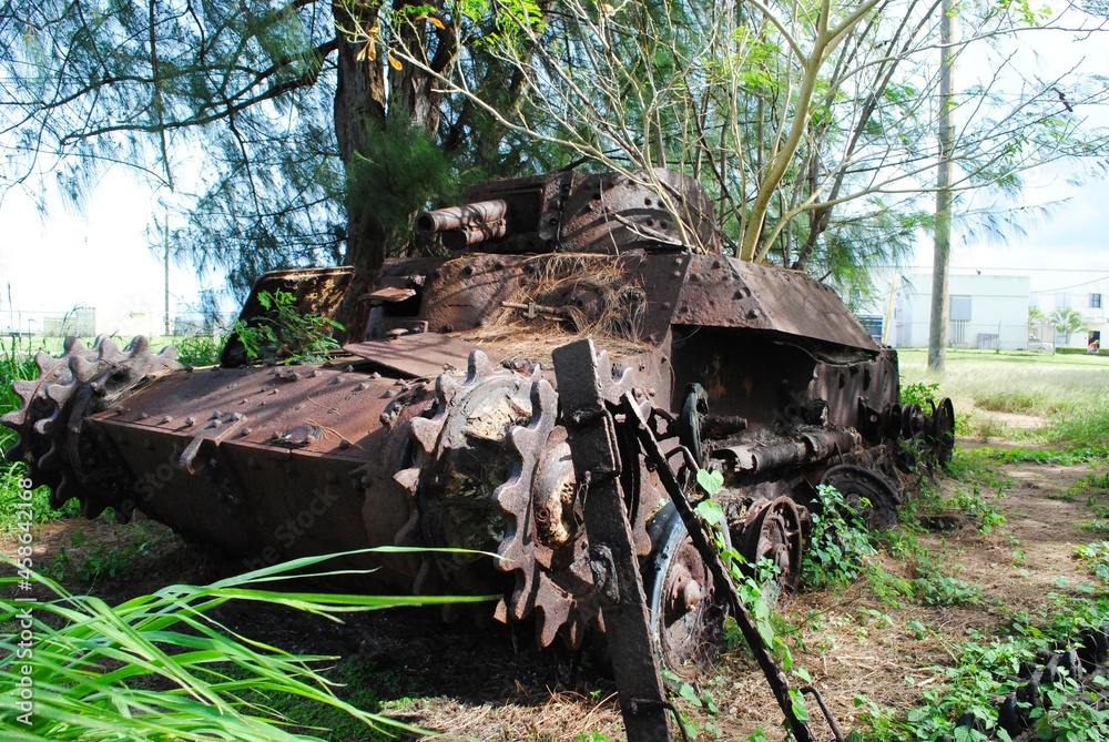 Old rusty, World War 11 Japanese tanker at As Lito airfield, Saipan