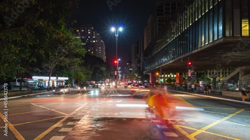 Zoom out timelapse view of night traffic on Paulista Avenue (Portuguese: Avenida Paulista) in Sao Paulo, the business and financial centre of Brazil and largest city in South America.  photo