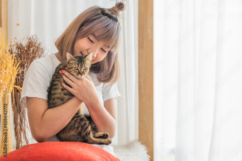 young woman playing with cat in living room at home young woman playing with cat in living room at home