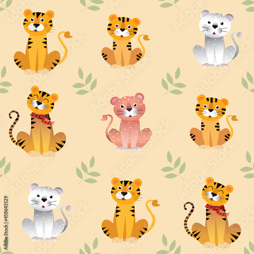 Cute tigers, cartoon vector seamless pattern for children. Print for textile, fabric, wallpaper, paper.