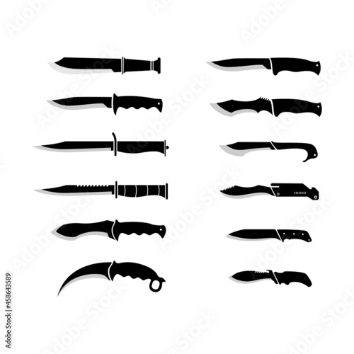 Set of Military knives or combat weapon blades vector illustration. Fighting knife, hunter knives vector silhouettes