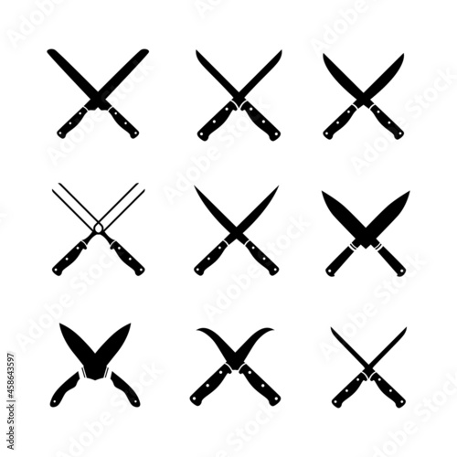 Set of Crossed Knives icon vector design. Crossed Knives and meat cleavers isolated on white background.