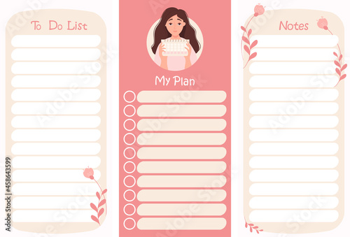 Set of To Do List and Notes. Planner organizer with cute girl with calendar on decorative floral pink background. Vector illustration. Note paper, day planning, time management. Vertical template
