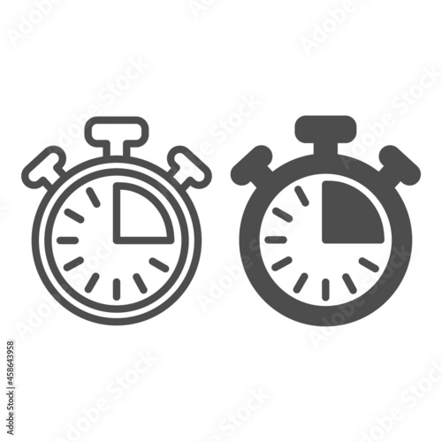Stopwatch with buttons, 15 seconds, timer, chronometer line and solid icon, time concept, clock vector sign on white background, outline style icon for mobile concept and web design. Vector graphics.