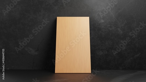 Blank wooden plank leaning at concrete wall.Dark abstract empty, modern concrete room.3D rendering illustration.