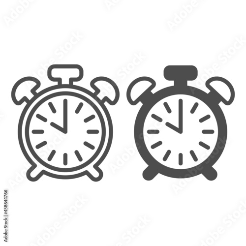 Vintage alarm clock with button, 10 pm, 10 am line and solid icon, time concept, timepiece vector sign on white background, outline style icon for mobile concept and web design. Vector graphics.