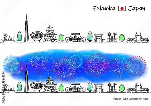 Canvas Print 福岡県の観光地の街並みと花火のシンプル線画セット