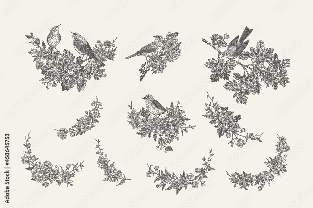 Set with birds and flowers.