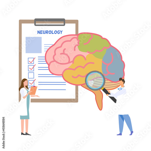 A lady doctor reading document, a doctor holding magnifying glass zoom at brain, with elements of neurological document in background 