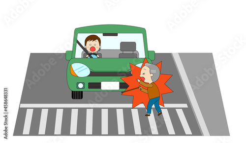 接触事故を起こしたドライバーと横断中の老人