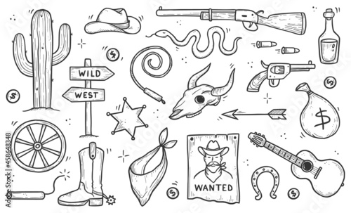 Cowboy western doodle set. Hand drawn sketch line style. Cowboy hat, cow skull, gun, cactus element. Wild west vector illustration.