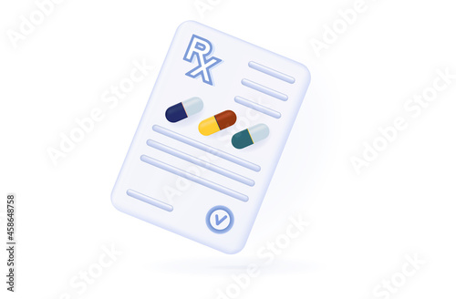 Doctor's prescription 3d. Paper form, diagnosis, pharmacy list with medications. Prescription rx with pills and medicines. The concept of prescribing a dose of pills, capsule, recipe and stamp. Vector