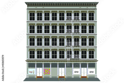 Building with a cast iron facade typical of the Soho district region of southern Manhattan Island in New York. With fire escape and on the ground floor, shop windows. EPS vector illustration