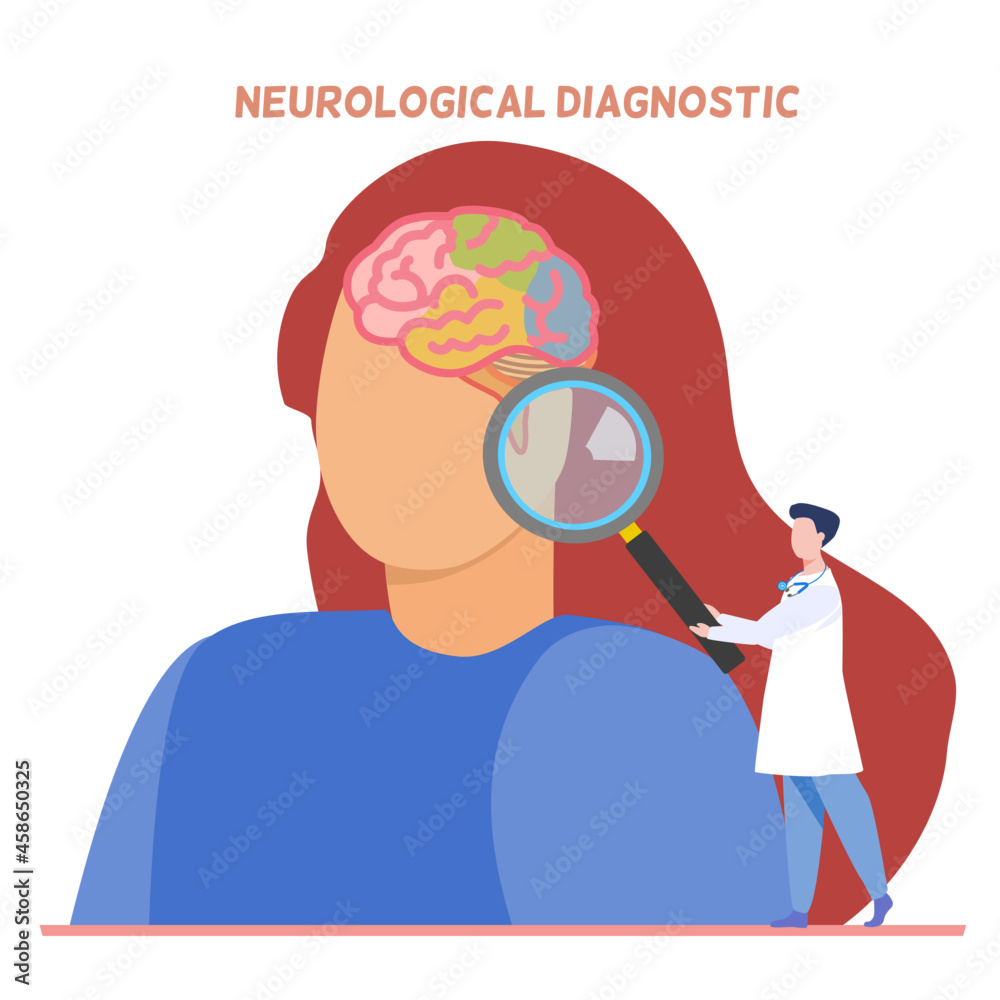 A doctor holding magnifying glass pointing at patient picture with colorful brain A doctor holding magnifying glass pointing at patient picture with colorful brain