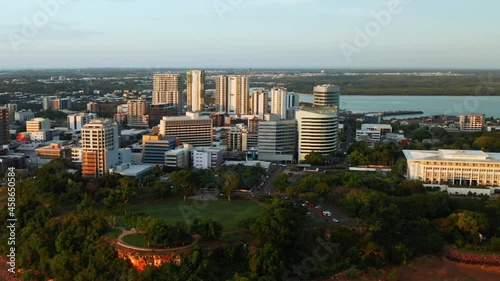 Waterfront City Buildings At The Coastline In Darwin, Northern Territory Of Australia. aerial pullback
