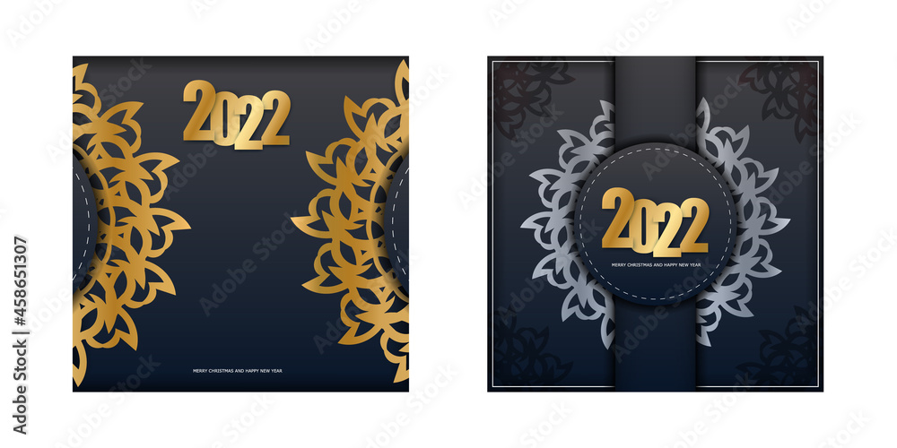 2022 Merry Christmas and Happy New Year Black Color Flyer Template with Abstract Gold Ornament