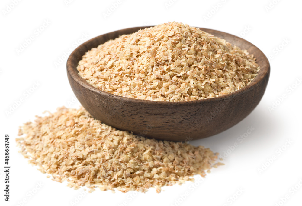 uncooked wheat germ in the wooden bowl, isolated on the white background uncooked wheat germ in the wooden bowl, isolated on the white background