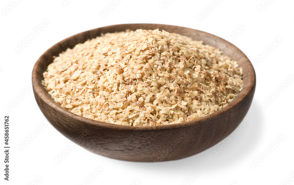 uncooked wheat germ in the wooden bowl, isolated on the white background uncooked wheat germ in the wooden bowl, isolated on the white background