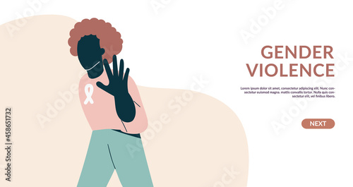 Gender violence concept Woman show stop gesture protest against racial or gender discrimination. Elimination violence against girl. Women day and rights flat vector illustration, web banner template