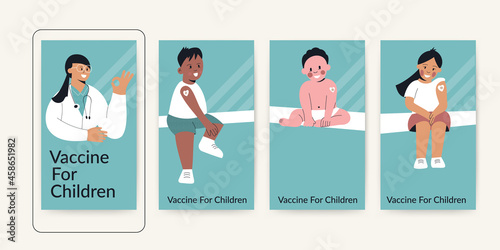 Vaccine for children or Kids after vaccination ig story template. Little girl and boy with plaster on shoulder from injection. Vaccinated baby. Medicine and healthcare for toddler. Vector illustration