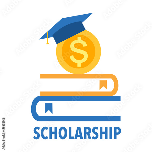 Educational scholarship logo concept vector illustration on white background. Books, dollar coin and graduation hat in flat design. photo
