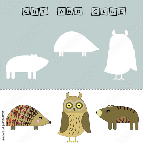 worksheet vector design, the task is to cut and glue a piece on colorful hedgehog,  bear, owl. Logic game for children.