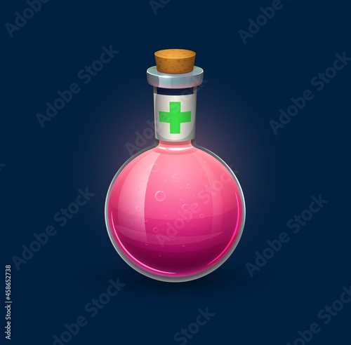Witchcraft glass bubble potion in bottle, elixir or recovery drink, vector game asset. Cartoon magic potion or red elixir with green cross and cork, poison antidote or life power liquid in glass jar