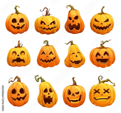 Cartoon Halloween pumpkins, Jack o lantern isolated scary characters. Halloween pumpkin lanterns, cute happy with scary smile on face, horror holiday and spooky night pumpkins with creepy carvings