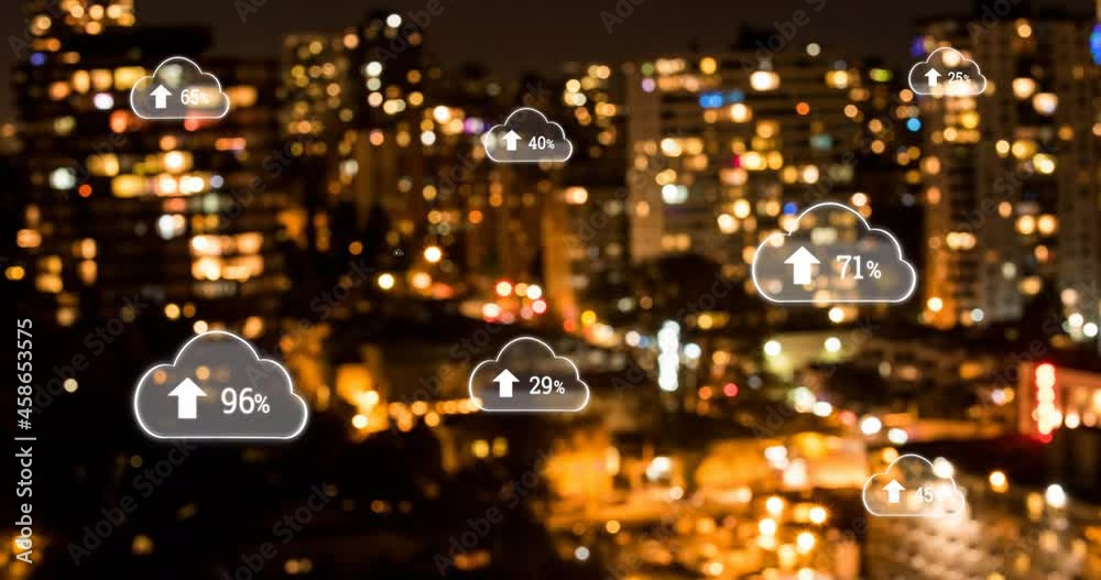 Animation of digital clouds with percent going up over cityscape Animation of digital clouds with percent going up over cityscape