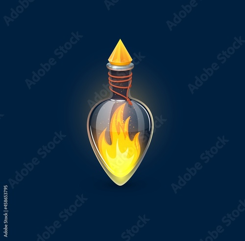 Witchcraft glass potion bottle with burning fire flames, vector magic elixir in game asset. Power or life energy potion with yellow fire flame and crystal glass bung, witch elixir or spell flask