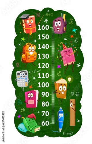 Kids height chart or ruler with school books and stationery. Growth measure meter, child height centimeters scale with book, schoolbag and pencil case, calculator, pen and ruler cartoon characters