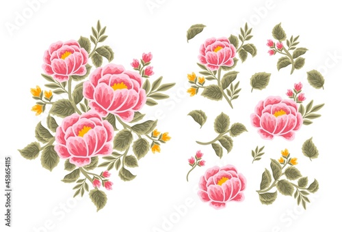 Set of vintage peony flower, leaf branch, feminine floral bouquet arrangements