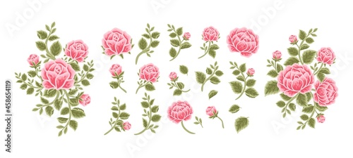 Collection of vintage vector botanical rose, peony flower, leaf branch, feminine floral bouquet arrangements