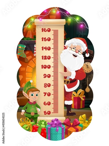 Christmas kids height chart, Santa and elf with gifts growth measure meter. Vector ruler scale of children stadiometer on paper scroll with cartoon Claus, Xmas lights and presents, fireplace, stocking