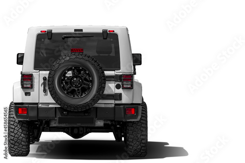 Silver jeep , back view.  Expensive  jeep  on a white background for your design photo