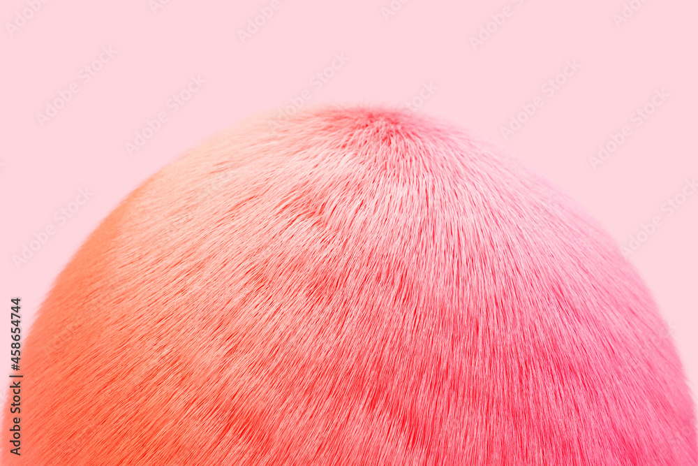 3d illustration  orange and pink fluffy ball on yellow  isolated background. fur pompon - obrazy, fototapety, plakaty 