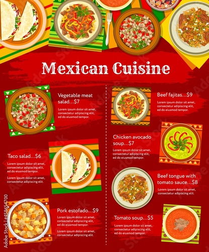 Mexican food cuisine menu, lunch or dinner dishes, vector restaurant poster. Mexican cuisine traditional tacos, fajitas and meat meals chili con carne, chicken avocado soup and beef tongue with tomato