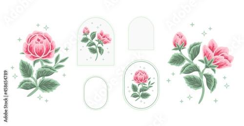 Vintage feminine logo design template in trendy minimal style. Pink peony bud, rose flowers and turquoise botanical leaf branch set. Emblem, symbols and icons for cosmetic, beauty and handmade product