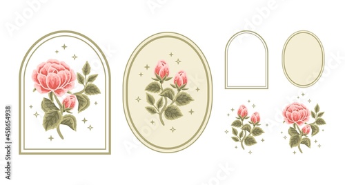 Vector feminine logo design template in trendy minimal style. Vintage orange rose bud, peony flowers and botanical leaf branch set. Emblem, symbols and icons for cosmetics, beauty and handmade product