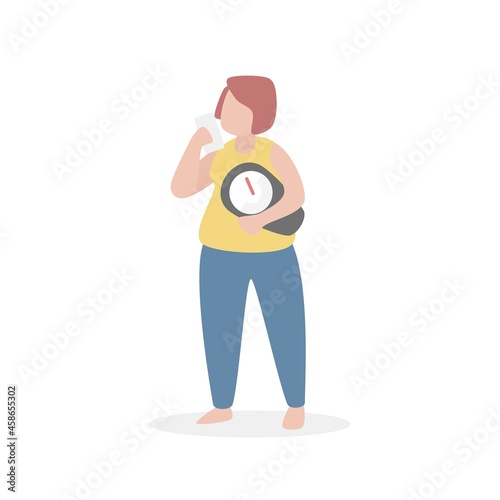 Weight loss concept,worry about eating,stand looking at the details calorie calculator on smartphone,Having to carry a weight scale all the time,Vector illustration.
